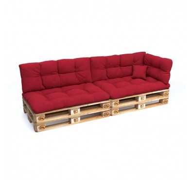 Set of 6 Pallet Cushions, 2x Seat + 2x Backrest + Side Cushion + Deco Cushion, Quilted, Red