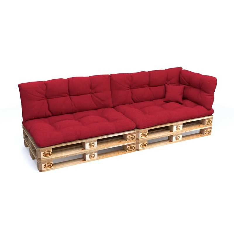 Set of 6 Pallet Cushions, 2x Seat + 2x Backrest + Side Cushion + Deco Cushion, Quilted, Red