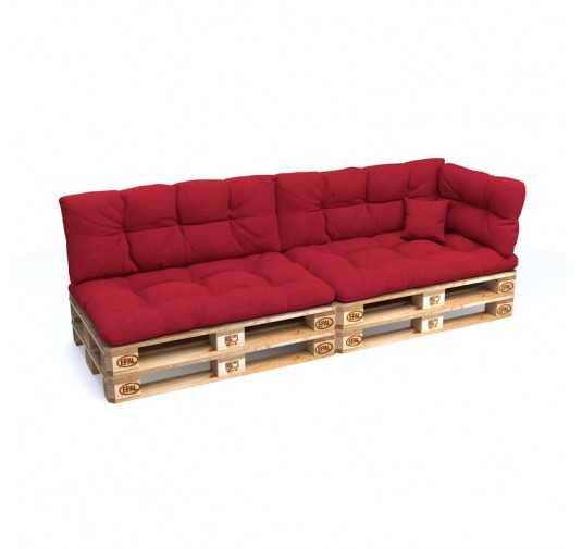 Set of 6 Pallet Cushions, 2x Seat + 2x Backrest + Side Cushion + Deco Cushion, Quilted, Red