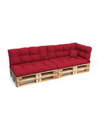 Set of 6 Pallet Cushions, 2x Seat + 2x Backrest + Side Cushion + Deco Cushion, Quilted, Red