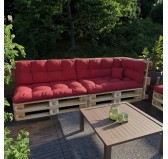 Set of 6 Pallet Cushions, 2x Seat + 2x Backrest + Side Cushion + Deco Cushion, Quilted, Red