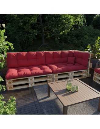 Set of 6 Pallet Cushions, 2x Seat + 2x Backrest + Side Cushion + Deco Cushion, Quilted, Red
