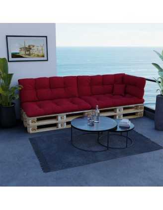 Set of 6 Pallet Cushions, 2x Seat + 2x Backrest + Side Cushion + Deco Cushion, Quilted, Red