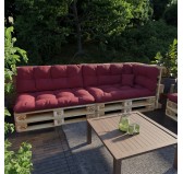 Set of 6 Pallet Cushions, 2x Seat + 2x Backrest + Side Cushion + Deco Cushion, Quilted, Burgundy