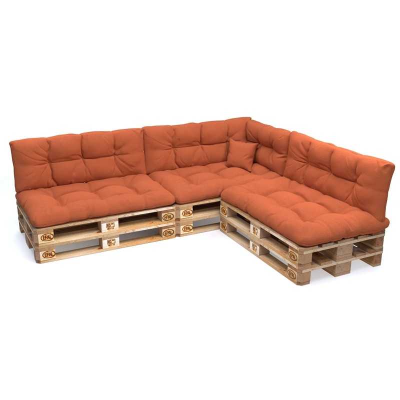 Set of 8 Pallet Cushions, 3x Seat + 3x Backrest + Side Cushion + Deco Cushion, Quilted, Orange