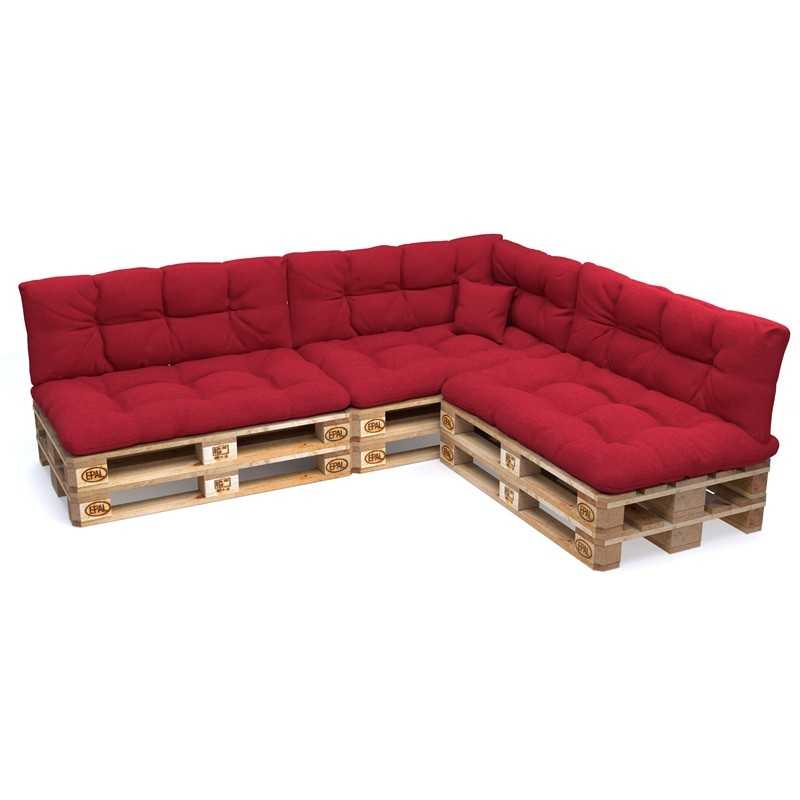 Set of 8 Pallet Cushions, 3x Seat + 3x Backrest + Side Cushion + Deco Cushion, Quilted, Red