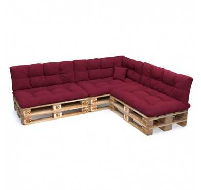 Set of 8 Pallet Cushions, 3x Seat + 3x Backrest + Side Cushion + Deco Cushion, Quilted, Burgundy