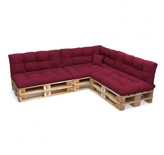 Set of 8 Pallet Cushions, 3x Seat + 3x Backrest + Side Cushion + Deco Cushion, Quilted, Burgundy