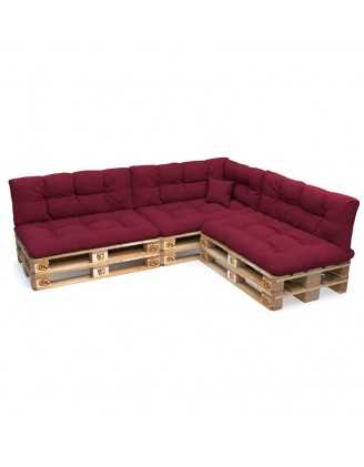 Set of 8 Pallet Cushions, 3x Seat + 3x Backrest + Side Cushion + Deco Cushion, Quilted, Burgundy