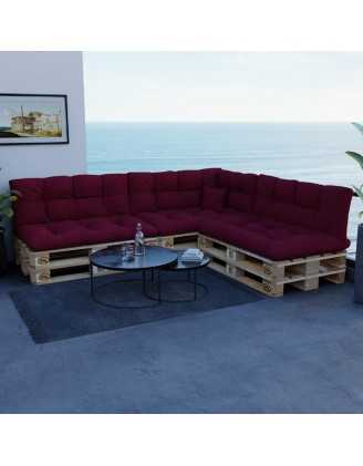 Set of 8 Pallet Cushions, 3x Seat + 3x Backrest + Side Cushion + Deco Cushion, Quilted, Burgundy