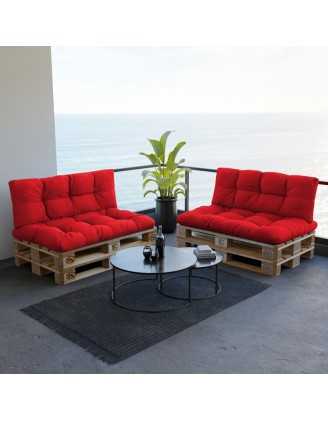 Set of 2 Pallet Cushions - Seat 120x80 cm + Backrest 120x40 cm, Water-Resistant, Quilted, Red