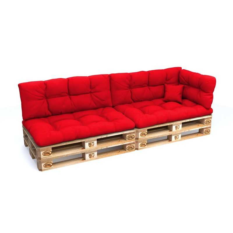 Set of 6 Pallet Cushions - 2x Seat + 2x Backrest + Side + Deco, Water-Resistant, Quilted, Red