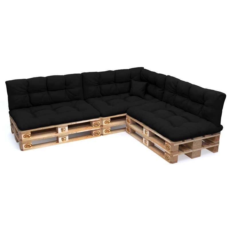 Set of 8 Pallet Cushions - 3x Seat + 3x Backrest + Side + Deco, Water-Resistant, Quilted, Black