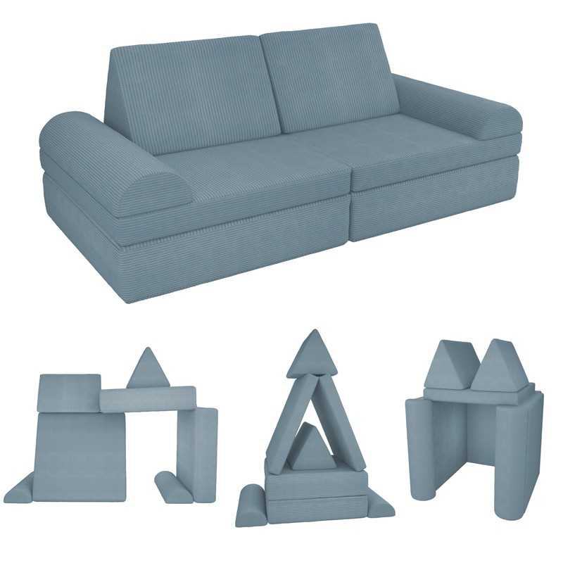 Modular kids sofa in soft corduroy, 6-piece set, colour Blue Lagoon