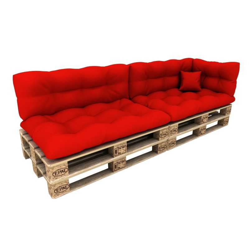 Set of 6 Pallet Cushions - 2x Seat + 2x Backrest + Side + Deco, Waterproof, Quilted, Red