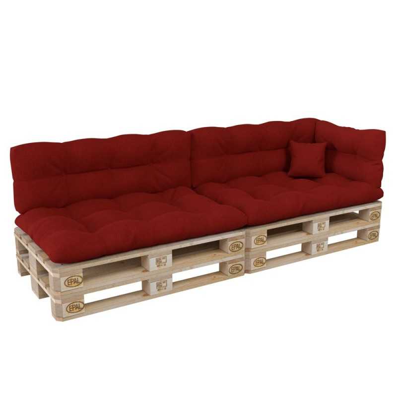 Set of 6 Pallet Cushions, 2x Seat + 2x Backrest + Side Cushion + Deco Cushion, Quilted, Red