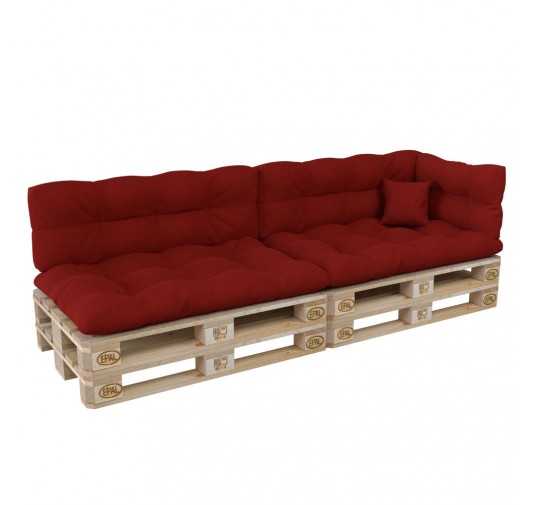 Set of 6 Pallet Cushions, 2x Seat + 2x Backrest + Side Cushion + Deco Cushion, Quilted, Red