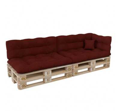 Set of 6 Pallet Cushions, 2x Seat + 2x Backrest + Side Cushion + Deco Cushion, Quilted, Burgundy