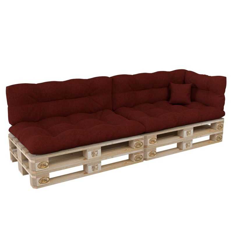 Set of 6 Pallet Cushions, 2x Seat + 2x Backrest + Side Cushion + Deco Cushion, Quilted, Burgundy