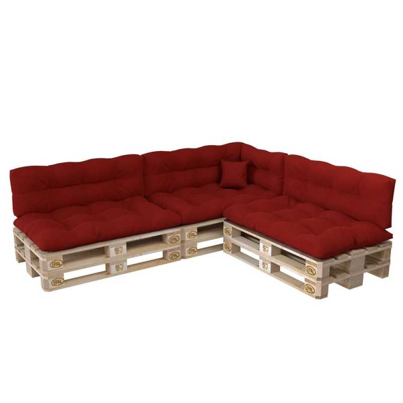 Set of 8 Pallet Cushions, 3x Seat + 3x Backrest + Side Cushion + Deco Cushion, Quilted, Red