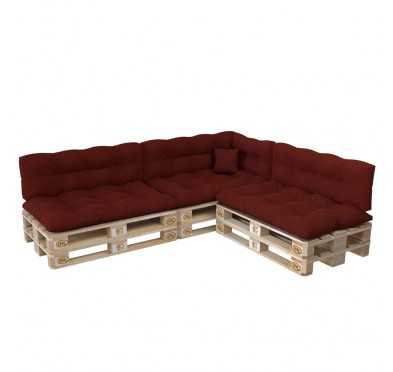 Set of 8 Pallet Cushions, 3x Seat + 3x Backrest + Side Cushion + Deco Cushion, Quilted, Burgundy