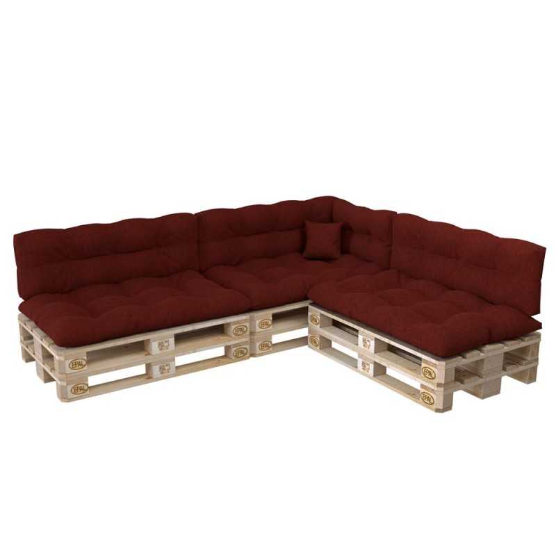 Set of 8 Pallet Cushions, 3x Seat + 3x Backrest + Side Cushion + Deco Cushion, Quilted, Burgundy